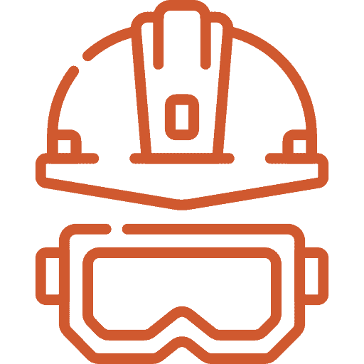 Safety helmet and goggles for construction site protection.